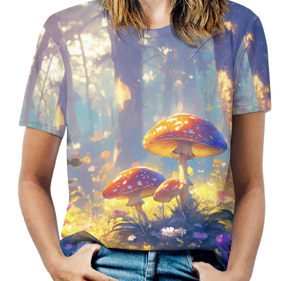 Enchanted Forest Mushrooms T Shirts Basic T-Shirt Short Sleeve Ladies Tee Shirt Summer Graphic Clothing