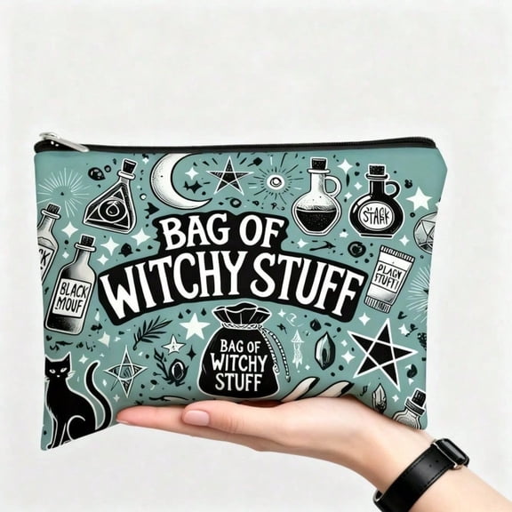Enchanted Forest Night Makeup Bag - Halloween Gift - Dark green bag adorned with fantastical witch, cat, and moon motifs; zippered design; perfect for storing cosmetics, pencils, or snacks.