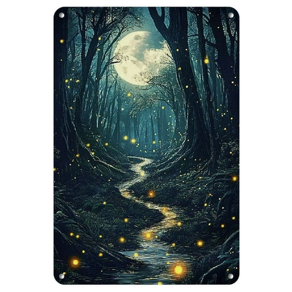 Enchanted Forest Night Scene Iron Wall Art, 8x12 inches - Perfect for Home & Bedroom Decor, Ideal Gift for Cafes and Holidays, Perfect for Room Decor