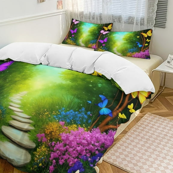 Enchanted Forest Path Duvet Cover Set Themed Multicolor Polyester Bedding Set for Bedroom Decoration