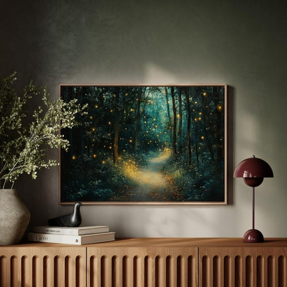 Enchanted Forest Path With Fireflies - Mystical Night Woodland Landscape, Glowing Firefly Art For Nature Lovers Wall Art, Modern Wall Decor, 8x12 UNFRAMED