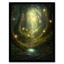 Enchanted Forest Path Oil Painting Fantasy Landscape Fairy Land Lanterns Moss Covered Trees Colourful Magical Nature Mystical Modern Art Print Framed Poster Wall Decor 12x16 inch