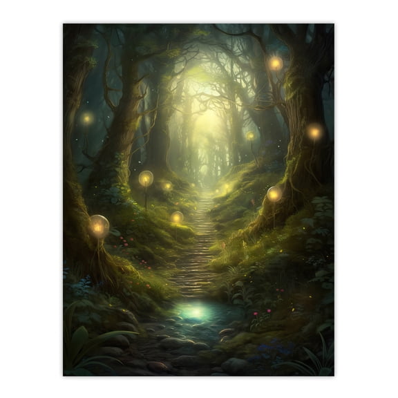 Enchanted Forest Path Oil Painting Fantasy Landscape Fairy Land Lanterns Moss Covered Trees Colourful Magical Nature Mystical Modern Unframed Wall Art Print Poster Home Decor Premium