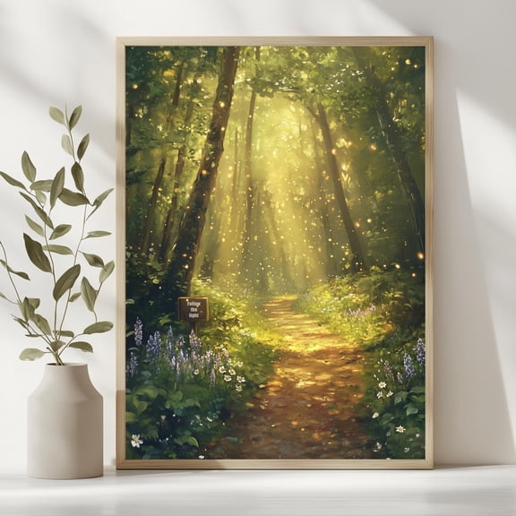 Enchanted Forest Path Wall Art Magical Sunlight Woodland Painting Fantasy Nature Print Poster , Poster Print Only