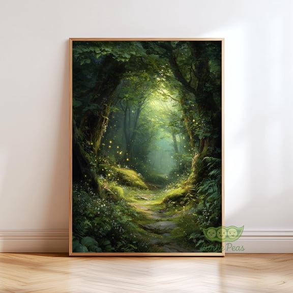 Enchanted Forest Path Wall Art, Magical Woodland Print, Fireflies Nature Decor, Dreamy Rustic Landscape Poster, Fantasy Cottagecore Art, Poster Only