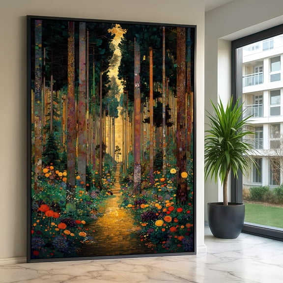 Enchanted Forest Pathway Klimt-inspired Floral Woodland Landscape Golden Light Nature Modern Portrait Decor