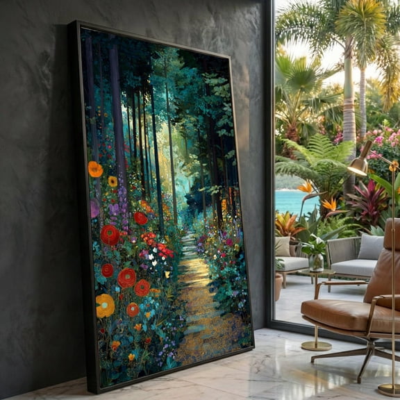 Enchanted Forest Pathway, Vibrant Floral Garden Wall Art