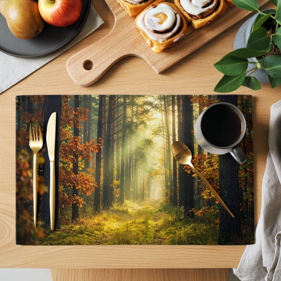 Enchanted Forest Placemats Set of 2, Fall Nature Sunlight Sunbeams Path Heat Insulated Linen Place Mats, Washable Stain-Proof Table Mats for Dining Tables Holiday Decor 13x19 Inches