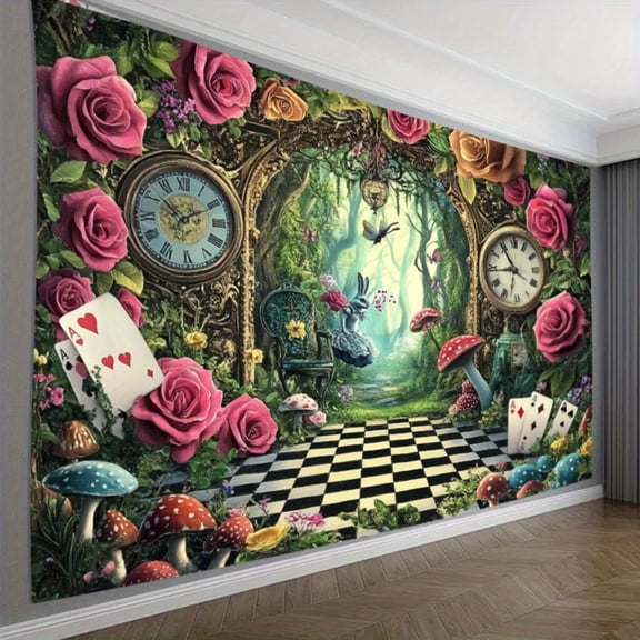 Enchanted Forest Polyester Party Backdrop with Rose, Mushroom and Playing Card Pattern, Large Size Reusable Background for Birthday, Anniversary, Live Streaming and Indoor Outdoor 82.6x59 Inch