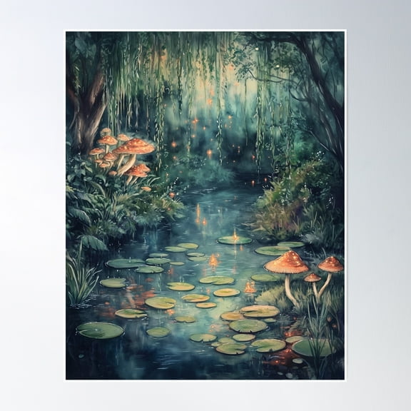 Enchanted Forest Pond With Vibrant Mushroom Glade Poster Wall Art, Modern Wall Decor, 8x12 UNFRAMED