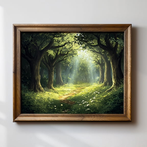 Enchanted Forest Print, Sunlight Through Trees Art, Magical Woodland Path Wall Decor, Fantasy Nature Landscape, Serene Forest Poster , Poster Print Only