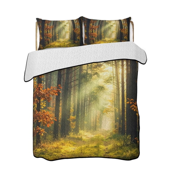 Enchanted Forest Quilts Bedding Set Twin Size Fall Nature Sunlight Sunbeams Path Lightweight Quilted Bedspread 3 Piece Bed Quilt with 2 Pillow Shams All Season for Bedroom 68" x 86"