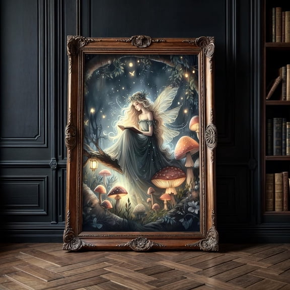 Enchanted Forest Reading Fairy Poster Magical Mushroom Fantasy Wall Art Decor 8x12 UNFRAMED