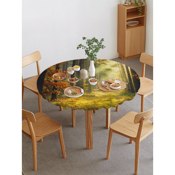 Enchanted Forest Round Fitted Tablecloth with Elastic Edge, Fall Nature Sunlight Sunbeams Path Waterproof Stretch Table Covers for 36"-44" Tables Wipeable Table Cloth for Outdoor