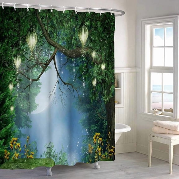 Enchanted Forest Shower Curtain 71W X 35L (180 X 90cm) Fantasy Magic Tree Full Moon Lanterns Jungle Decor Waterproof With Hooks