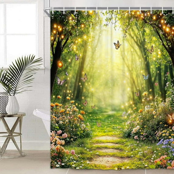 Enchanted Forest Shower Curtain, Fairy Garden Magic Wonderland Butterfly Jungle Girls Bathroom Decorative Curtain, Rustic Natural Scenery Waterproof Fabric Shower Curtain Sets with Hooks, 70X75in