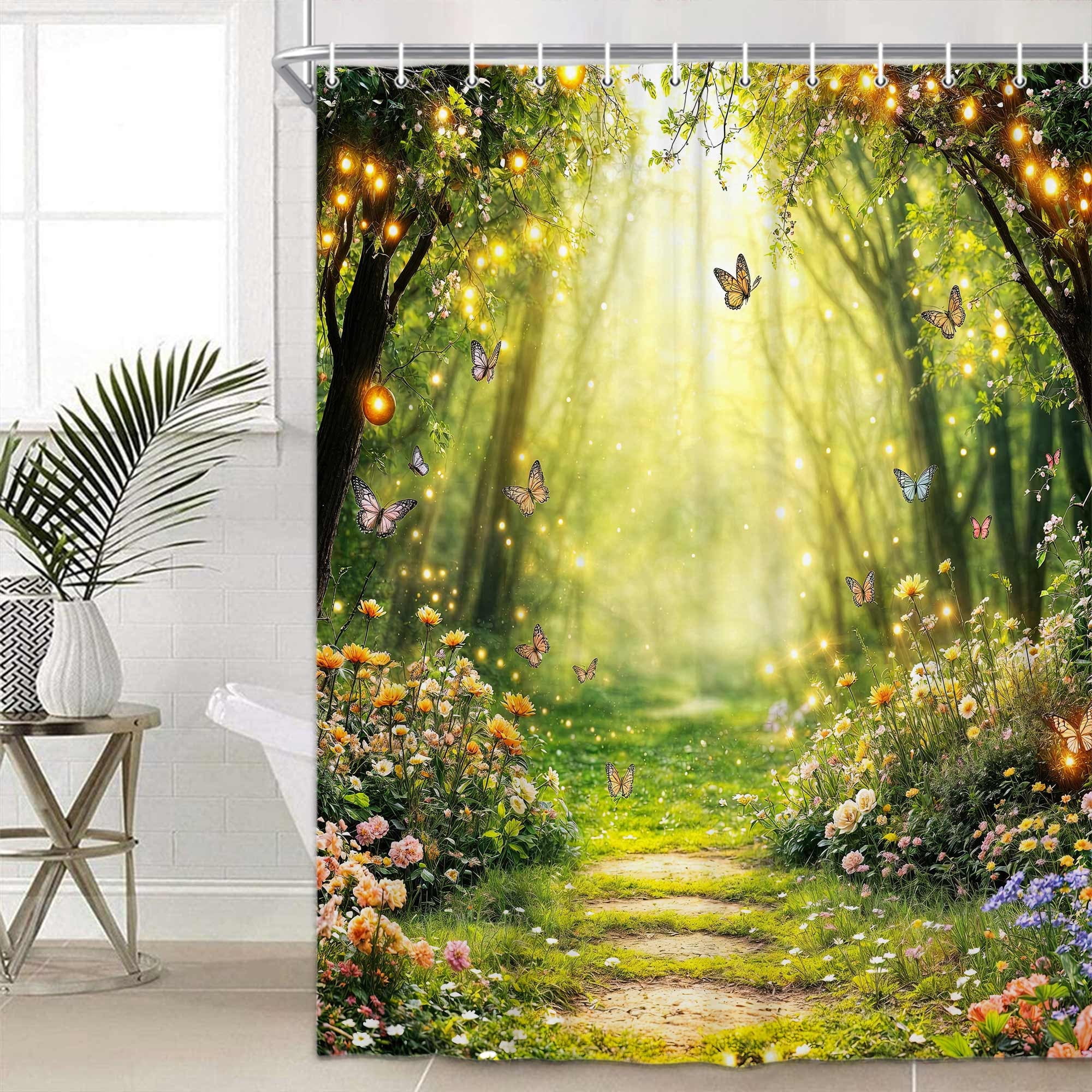 Enchanted Forest Shower Curtain, Fairy Garden Magic Wonderland Butterfly Jungle Girls Bathroom Decorative Curtain, Rustic Natural Scenery Waterproof Fabric Shower Curtain Sets with Hooks, 72X72in