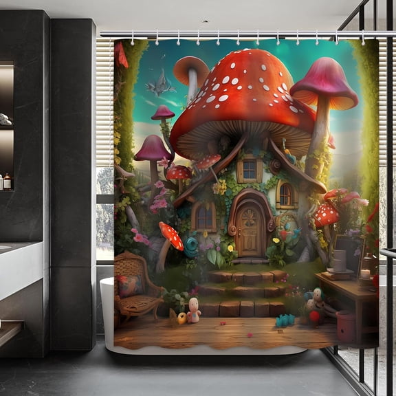 Enchanted Forest Shower Curtain Fairyland Cartoon Fairy Tale Forest Fantasy Mushroom House Wonderland Dwarf Mushroom Bathroom Themed Decor with 12 Hooks 72x72 inches