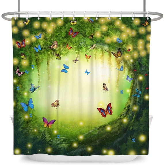 Enchanted Forest Shower Curtain Fantasy Fairy Tale Forest Butterfly Dreamy Magic Girls Bathroom Shower Curtain Set Waterproof Polyester Fabric with 12 Hooks 72Wx72H Inch