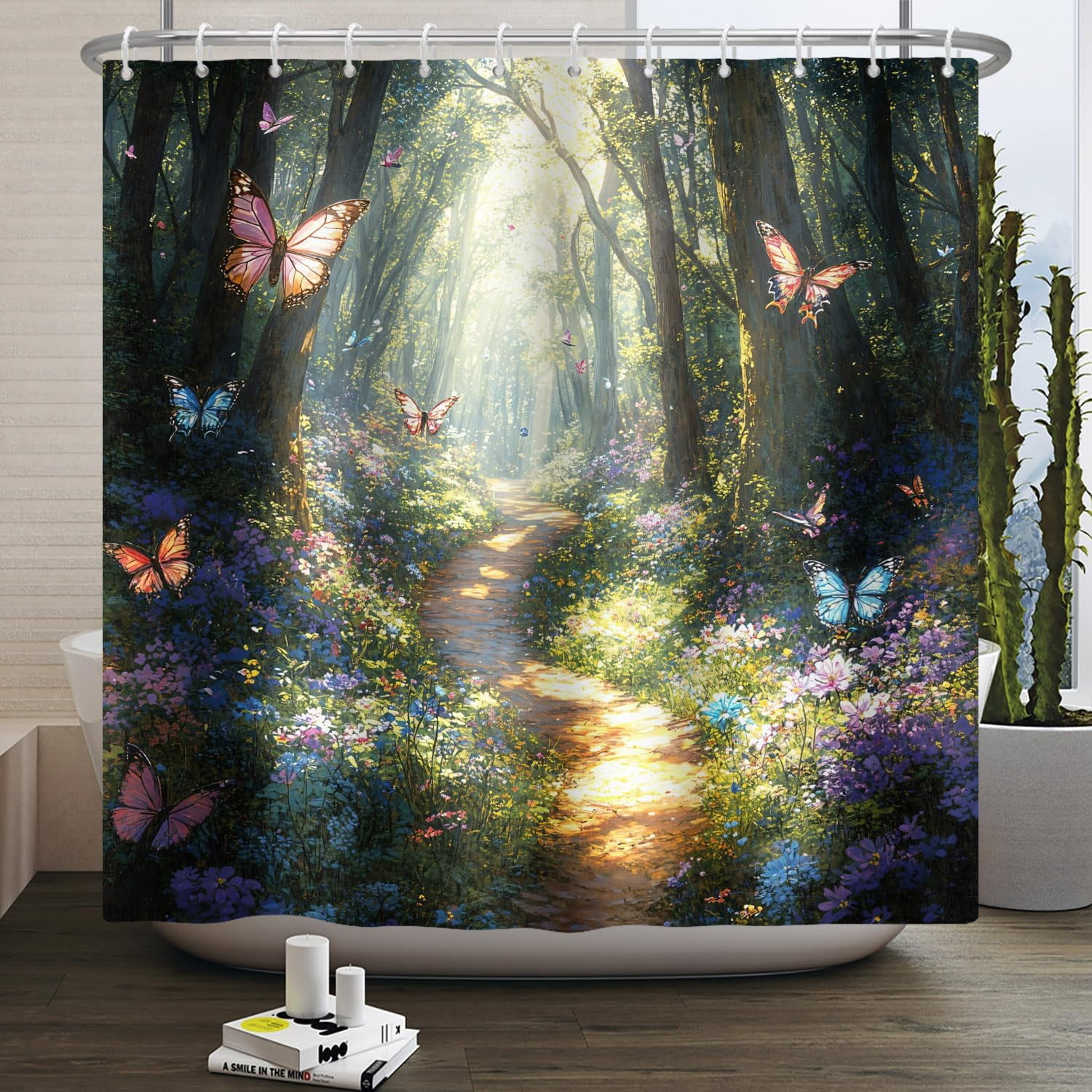 Enchanted Forest Shower Curtain - Mushroom House Fairy Tale Design, 72x72 Inch With Hooks