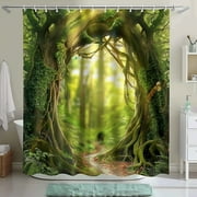 Enchanted Forest Shower Curtain Fantasy Nature Scene for Bathroom Decor Tree Archway with Sunlight Rays Hidden Treasures Path Green Nature Background