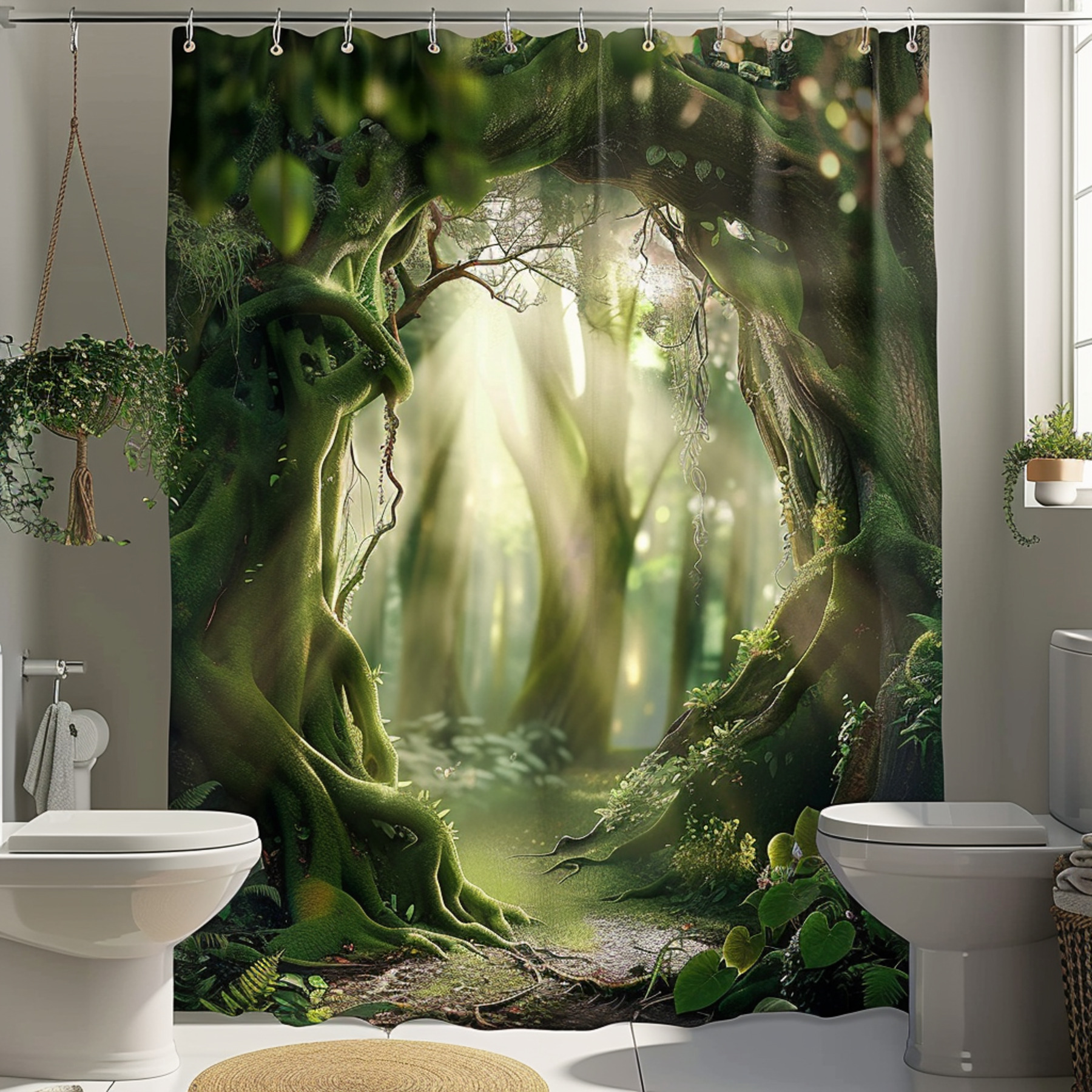Enchanted Forest Shower Curtain Giant Trees Mossy Leaves Sunbeams