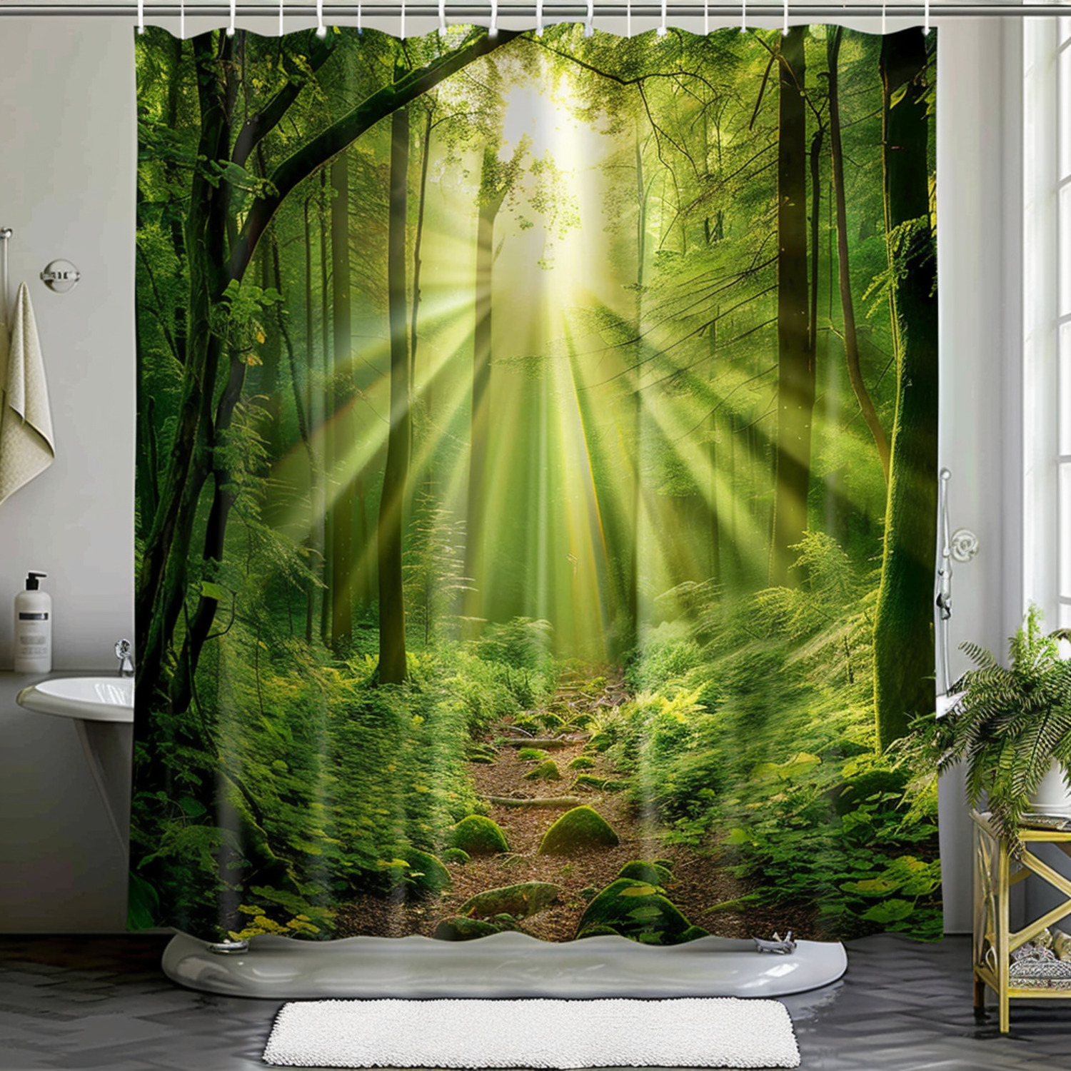 Enchanted Forest Shower Curtain Green Path with Sunlight Nature