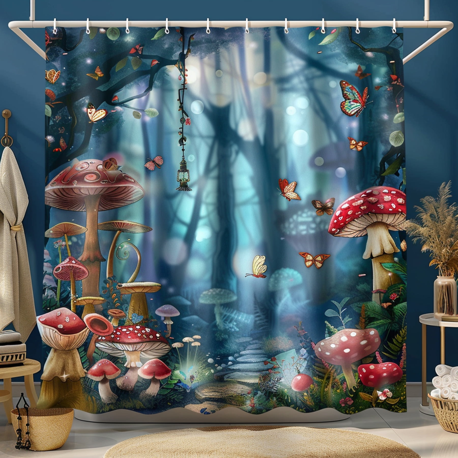 Enchanted Forest Shower Curtain Magical Woodland Theme with Mushrooms