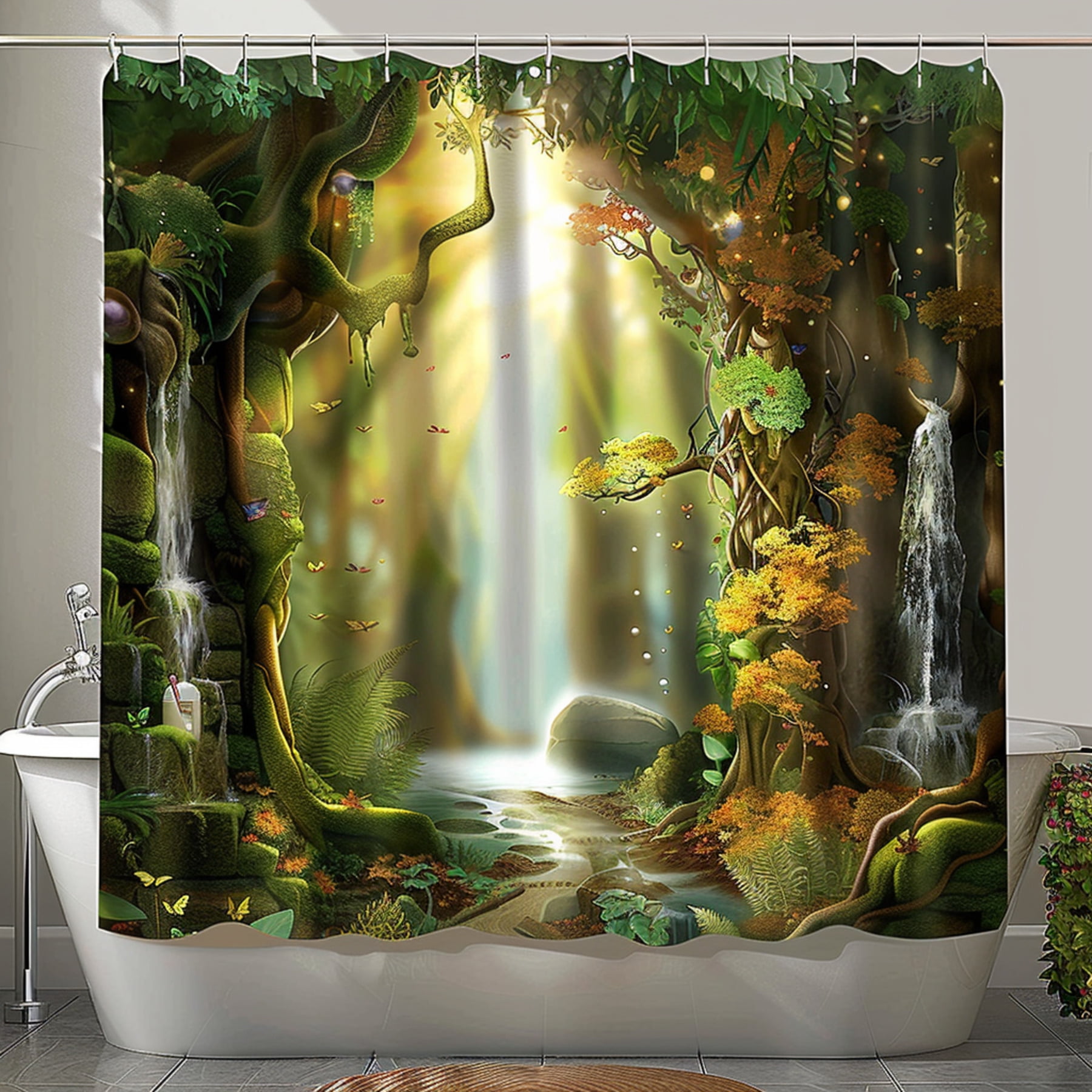 Enchanted Forest Shower Curtain Magical woodland design with waterfall