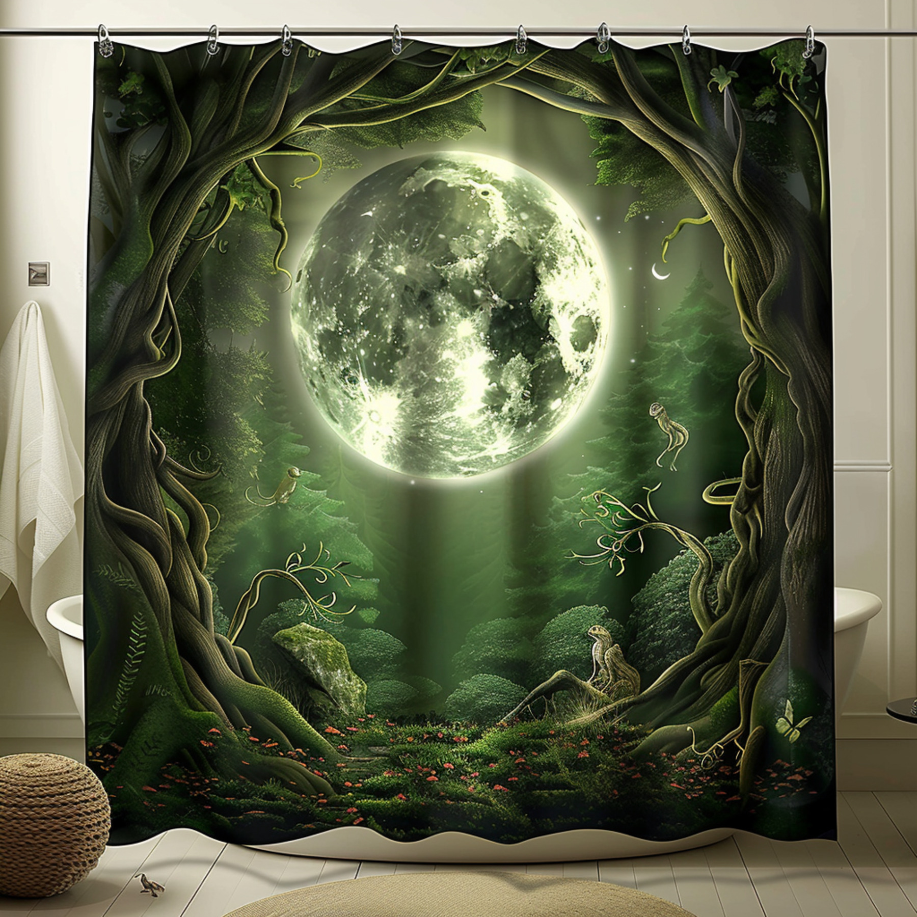 Enchanted Forest Shower Curtain Magical woodland scene with creatures
