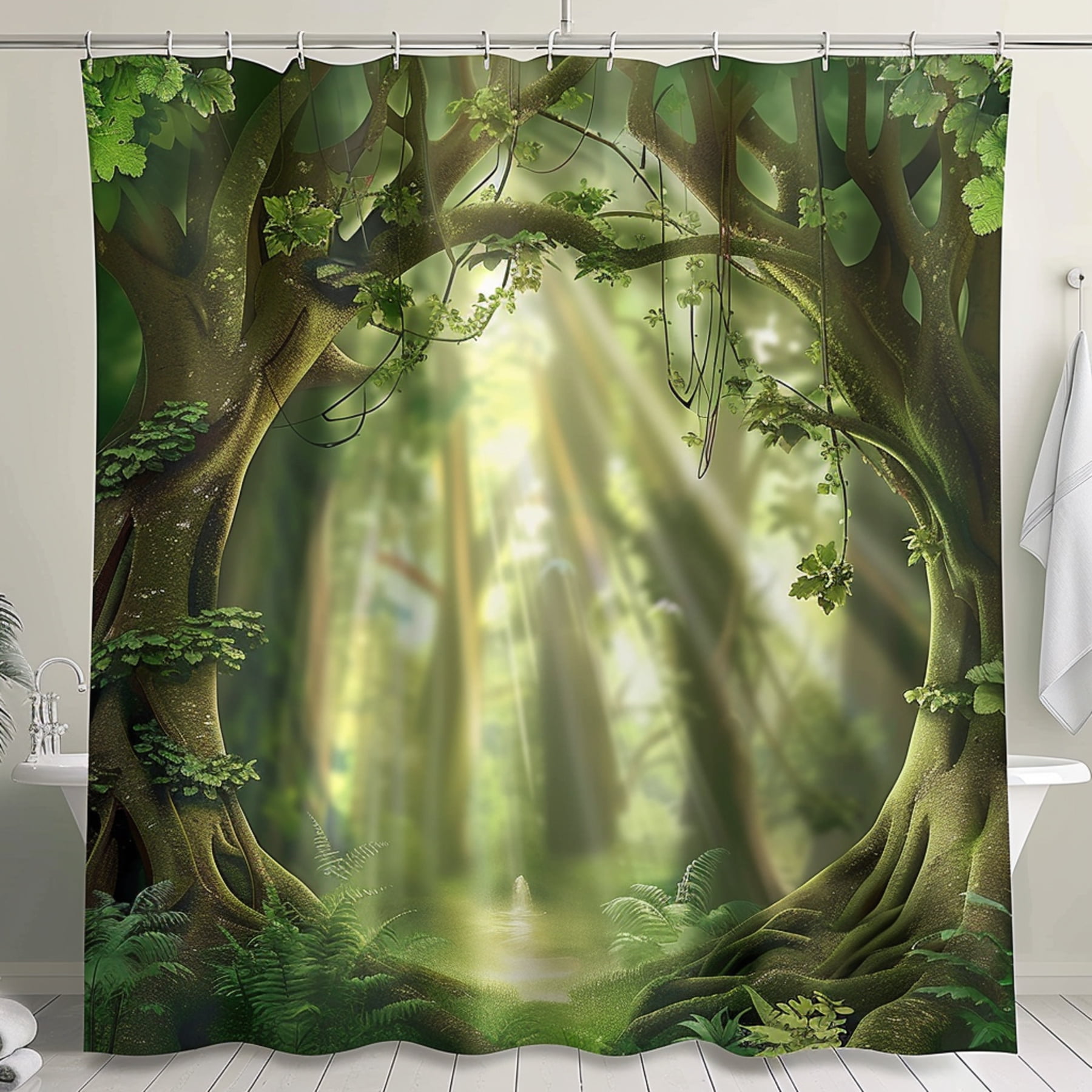 Enchanted Forest Shower Curtain Mystical Trees Sunlight Rays