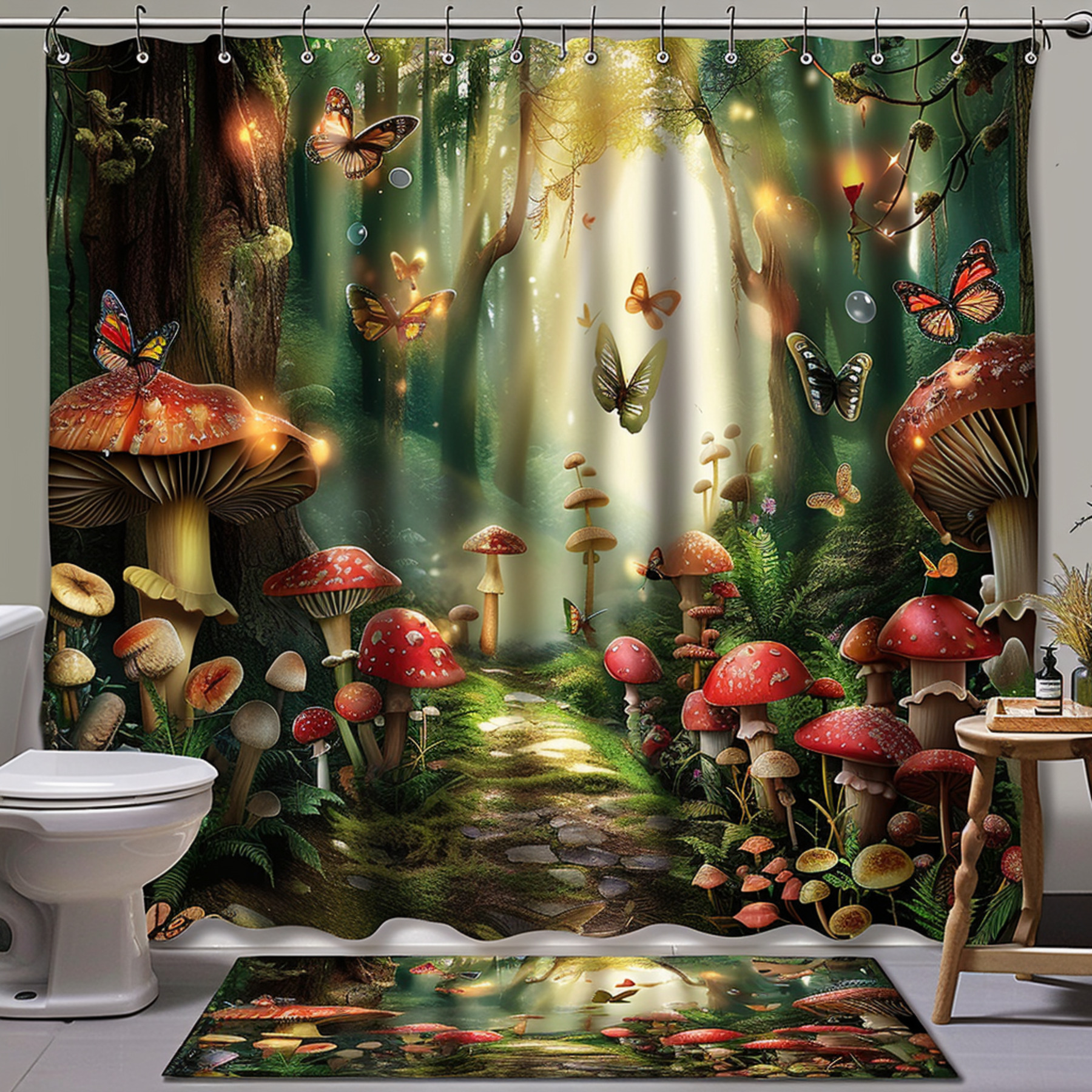 Enchanted Forest Shower Curtain Set Ultra Realistic Fantasy Mushrooms