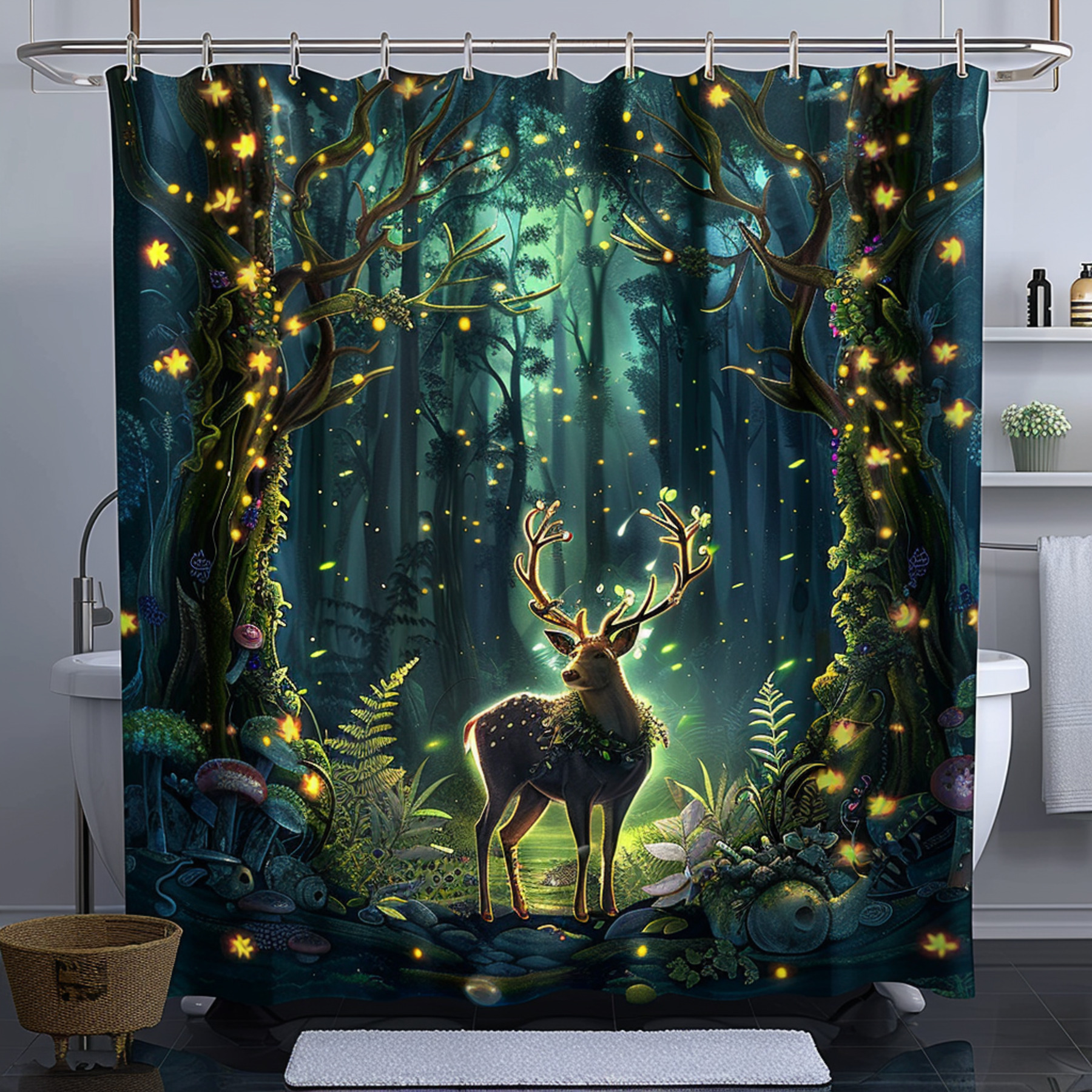 Enchanted Forest Shower Curtain Shimmering Deer Glowing Trees Mystical