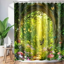 Enchanted Forest Shower Curtain Spring Nature Tree Forest Garden Bathroom Shower Curtain Fairytale Wonderland Mushroom Woodland Fabric Shower Curtains Set with 12 Hooks 72x84Inch Washable