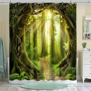 Enchanted Forest Shower Curtain Tranquil Nature Scene for Bathroom Decor Hidden Treasures Await Greenery and Sunlight