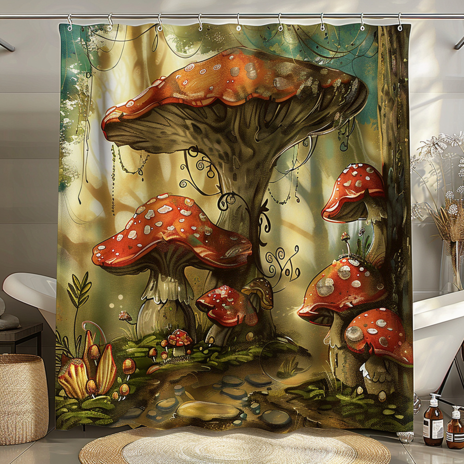 Enchanted Forest Shower Curtain Vibrant watercolor design with