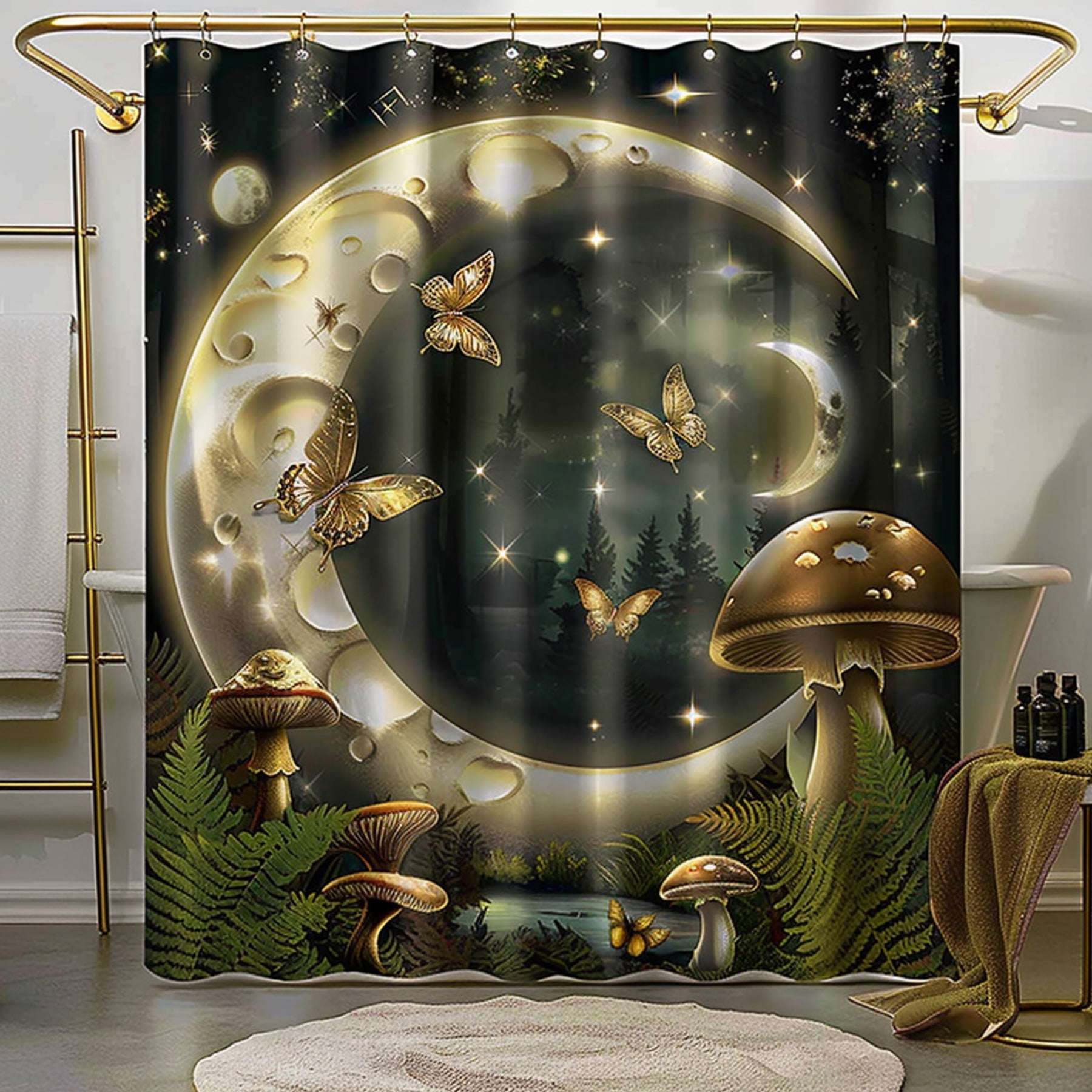 Enchanted Forest Shower Curtain with Crescent Moon Golden Butterflies