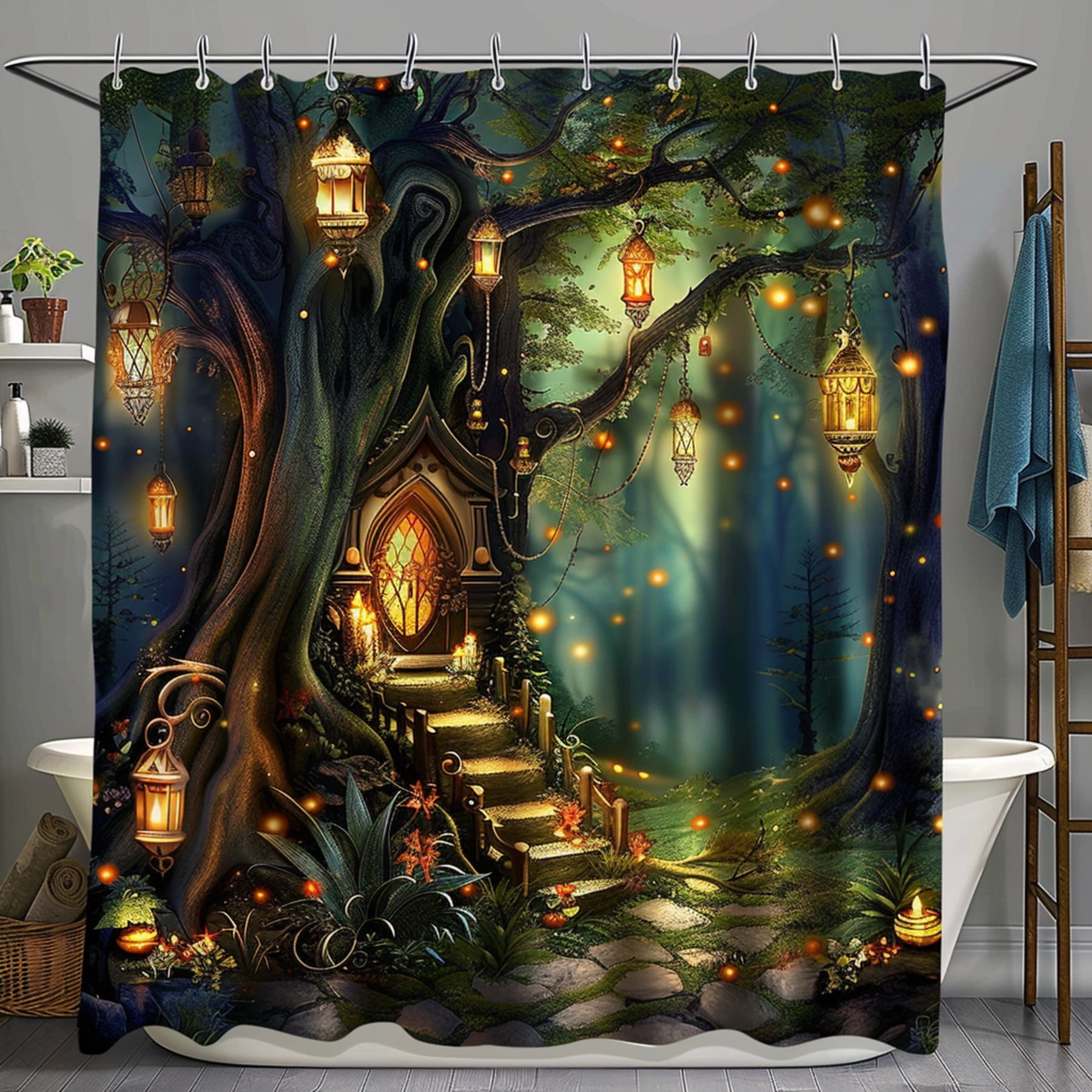 Enchanted Forest Shower Curtain with Fairy House and Lanterns Dark