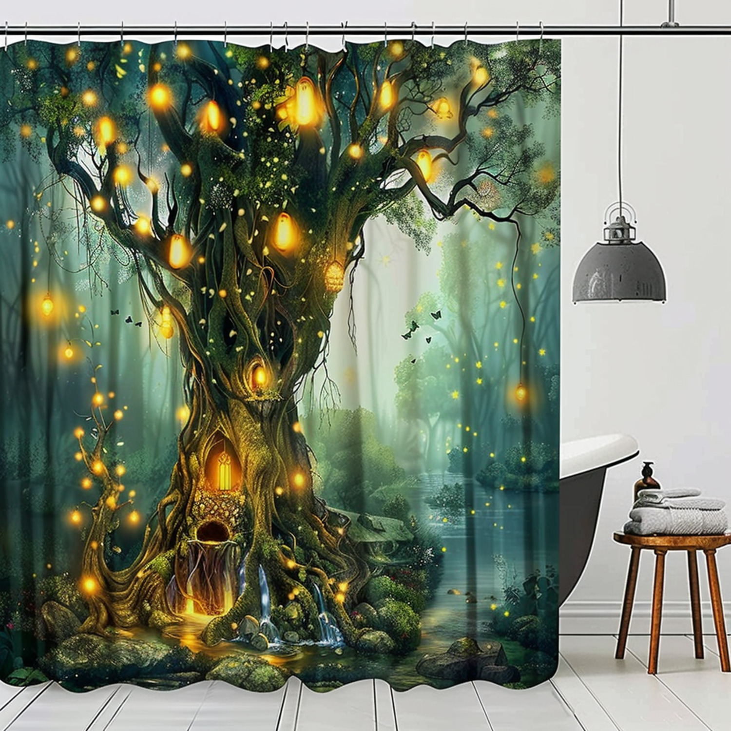 Enchanted Forest Shower Curtain with Glowing Tree Lights Cartoon Style