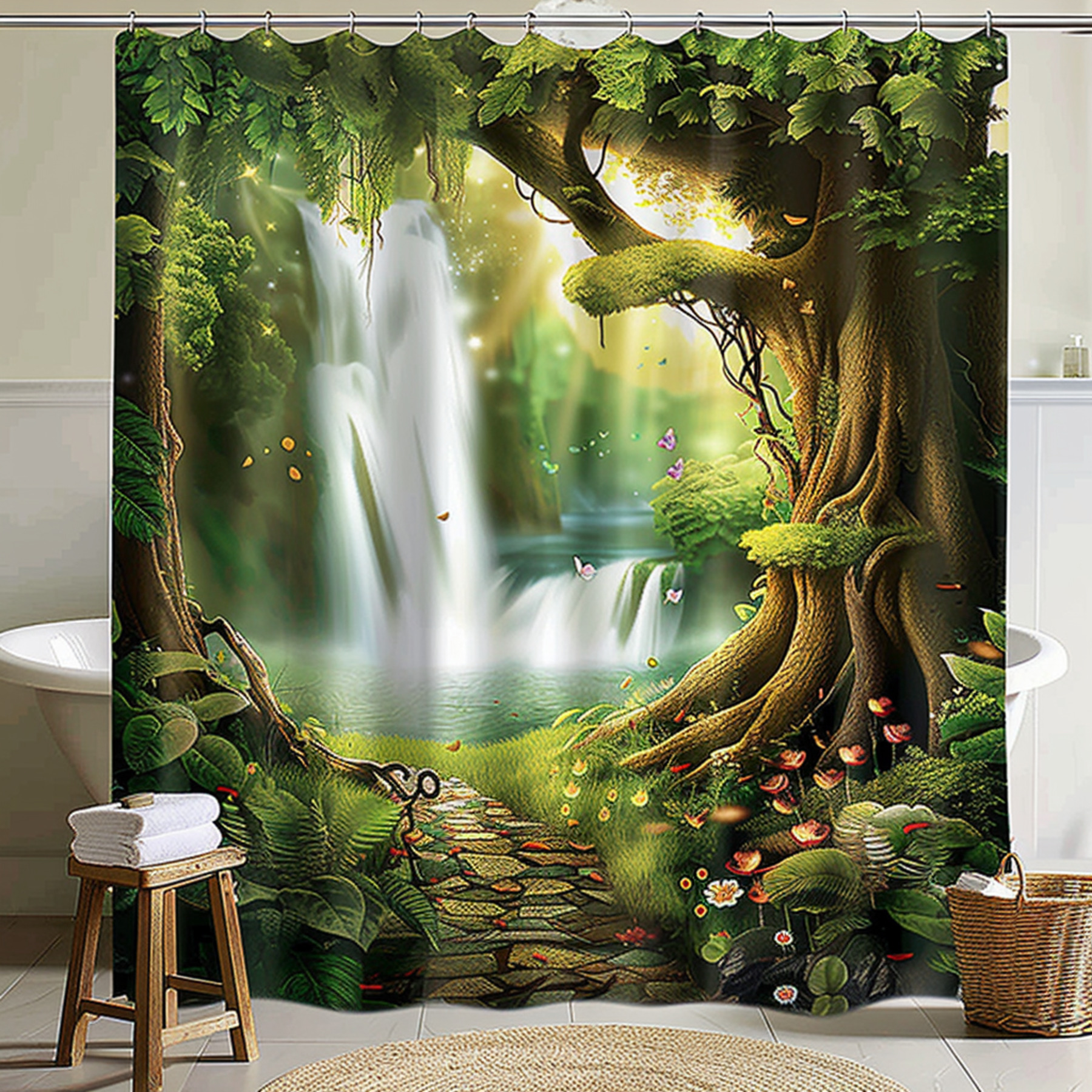 Enchanted Forest Shower Curtain with Tree Waterfall and Floral Design