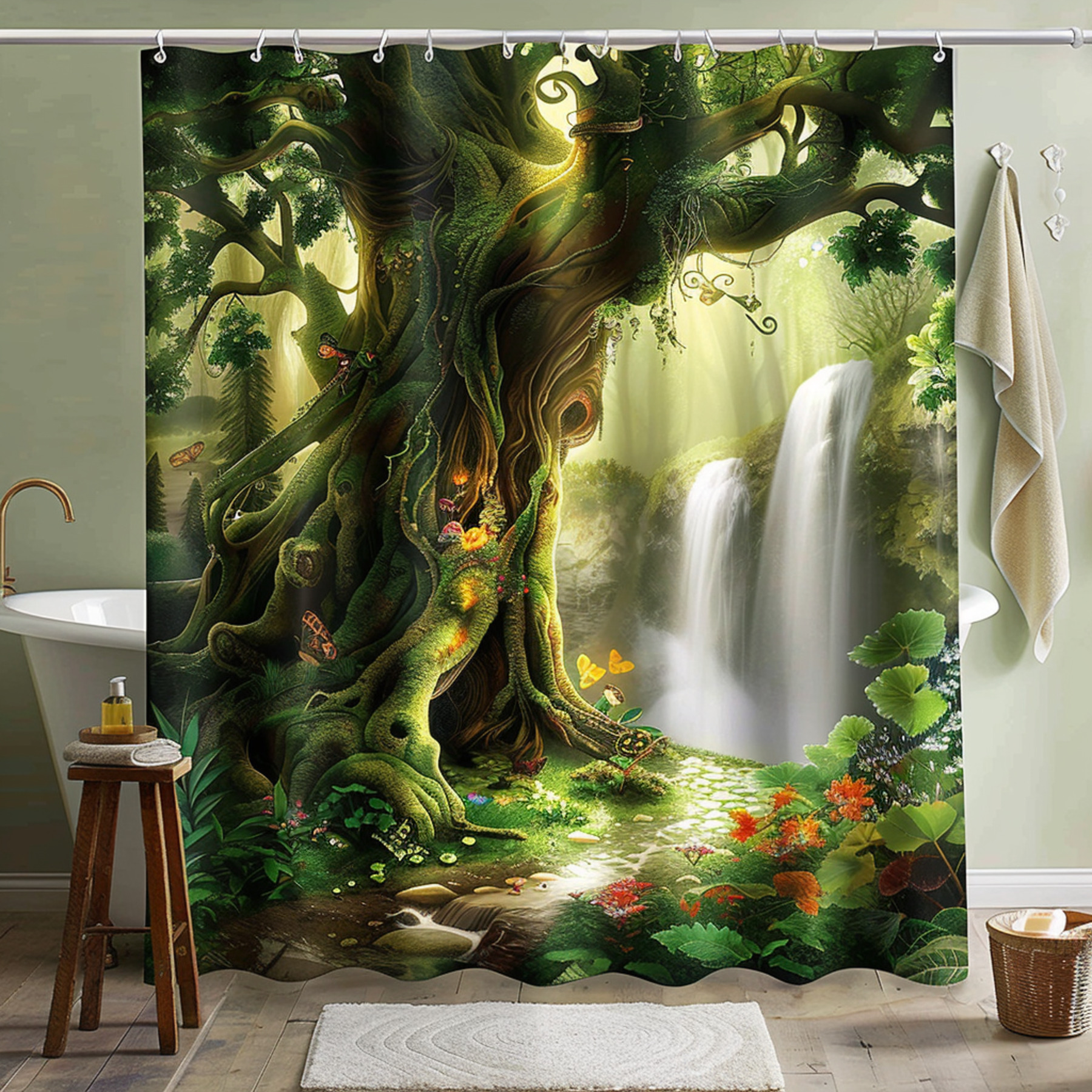 Enchanted Forest Shower Curtain with Tree and Waterfall Scene Bathroom
