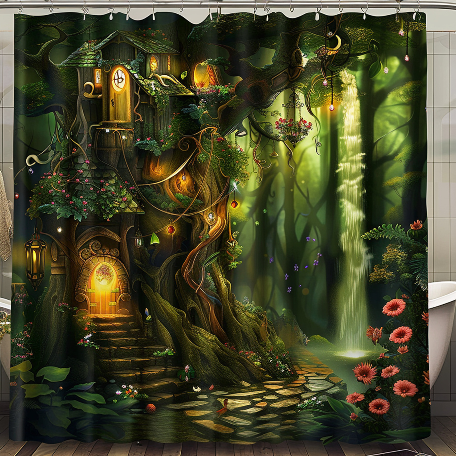 Enchanted Forest Shower Curtain with Treehouse and Fairy Lights Hyper