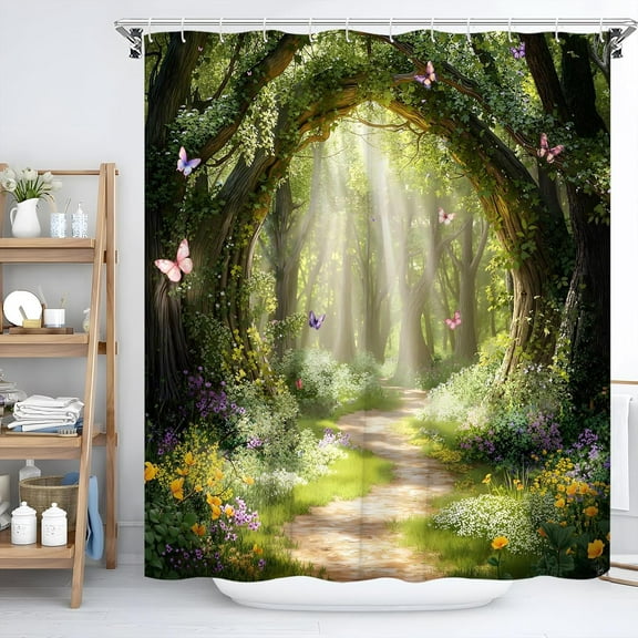 Enchanted Forest Shower Curtains for Bathroom Green Tree Nature Scenic Bath Decor Sets, Waterproof Cloth Fabric with Hooks-72"W x 74"L (Pack of 1)