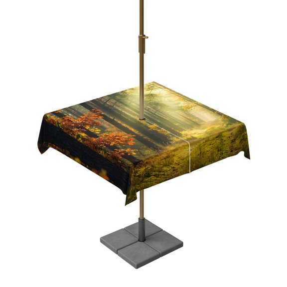 Enchanted Forest Square Outdoor Tablecloth with Umbrella Hole Fall Nature Sunlight Sunbeams Path 54x54 Inch Waterproof Table Cover Zippered Table Cloth for Garden Patio