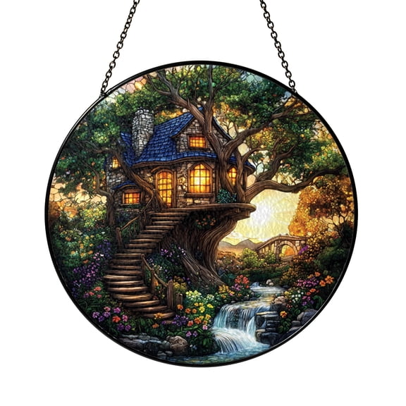 Enchanted Forest Stained Glass Suncatcher Window Hanging, Treehouse Cottage Waterfall Landscape Sun Catcher Decor Panel, Woodland Fantasy Art Ornament Gift for Book Lovers