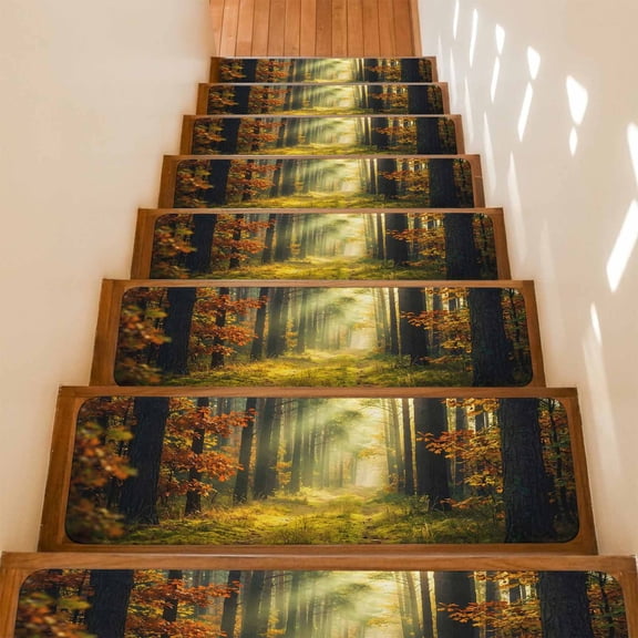 Enchanted Forest Stair Treads Non Slip for Steps Fall Nature Sunlight Sunbeams Path 4 Pcs Reusable Adhesive Stair Runner Mats for Dogs Elders Carpet Treads Rugs for Staircase 8x30 In