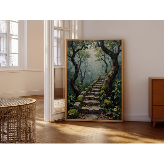 Enchanted Forest Stairway Wall Poster Mystical Tree Path Impasto Painting Serene Woodland Fantasy Bedroom Decor Nature Magic Gift , Poster Print Only