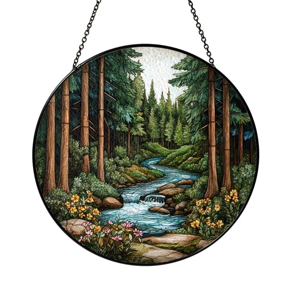 Enchanted Forest Stream Stained Glass Style Suncatcher, Window Hanging Nature Decor, Peaceful Woodland Light Catcher Gift