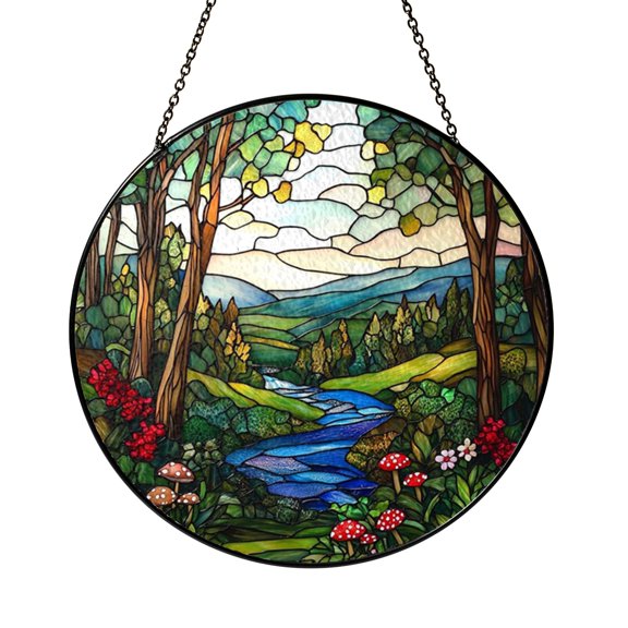 Enchanted Forest Stream Stained Glass Suncatcher Window Decor, Woodland Nature Scene Light Catcher Gift