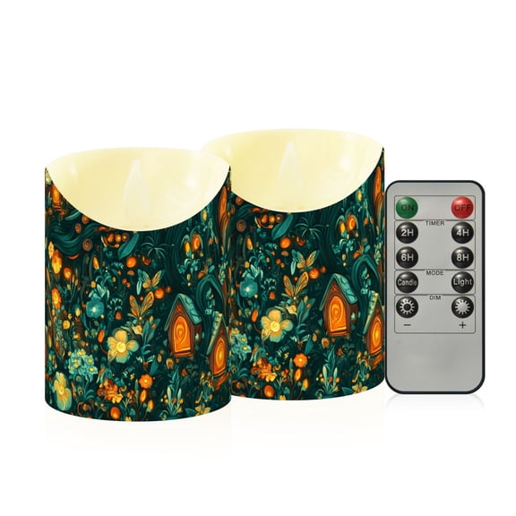Enchanted Forest Stripes Lines Flameless Candles 2 PCS with Remote Realistic Moving Flame LED Tapered Pillar Set for Home Decor